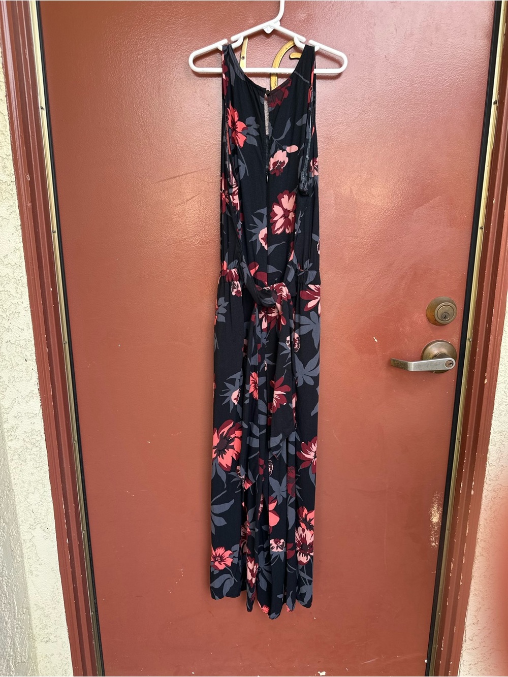 LOFT Black Whimsigoth Boho Jumpsuit with Red and Coral Floral Print - Picture 3 of 10